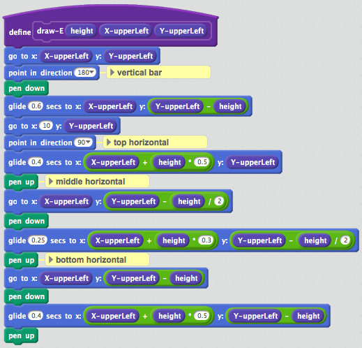 scratch script for drawing an E with glide blocks