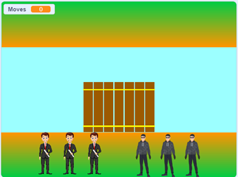 Six figures standing on the left bank of a river next to a raft. Three are analysts (in blue) and three are hackers (in grey).