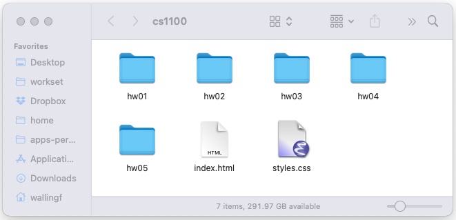 a screenshot of a folder named 'cs1100', which contains five folders and two regular files, index.html and styles.css