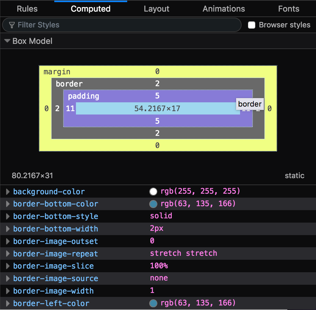 a screen capture of the CSS box model for an element, computed by Firefox, along with the beginnings of the attribute/value display shown below the diagram by the browser