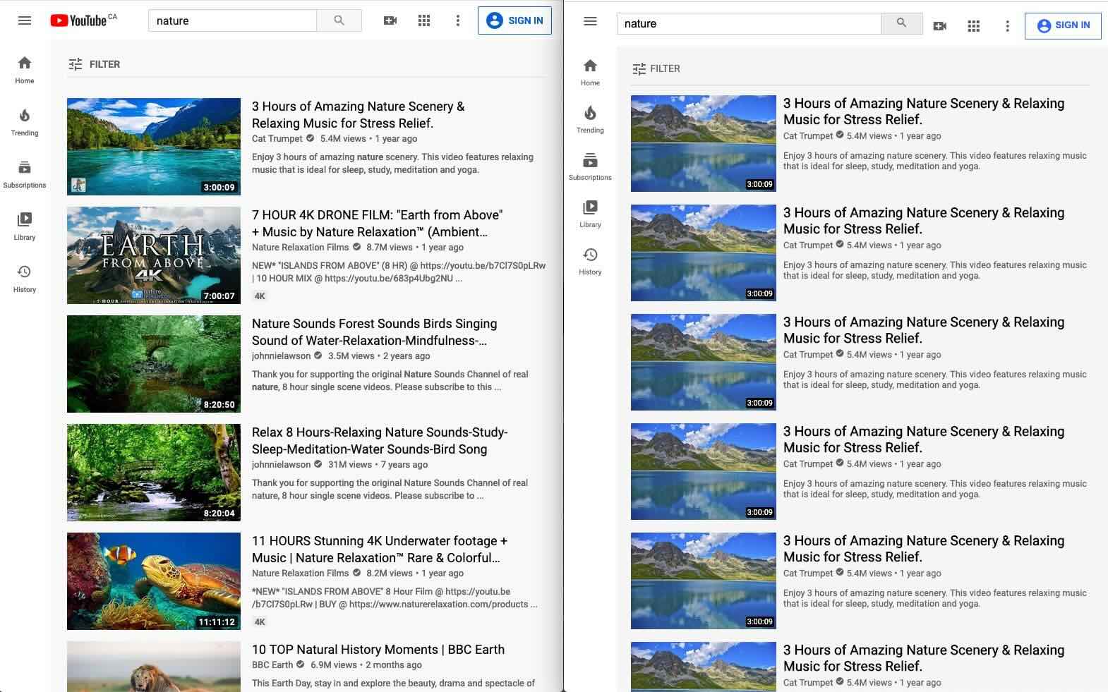 On the left, a YouTube search page. On the right, a re-creation of the page in plain HTML and CSS.