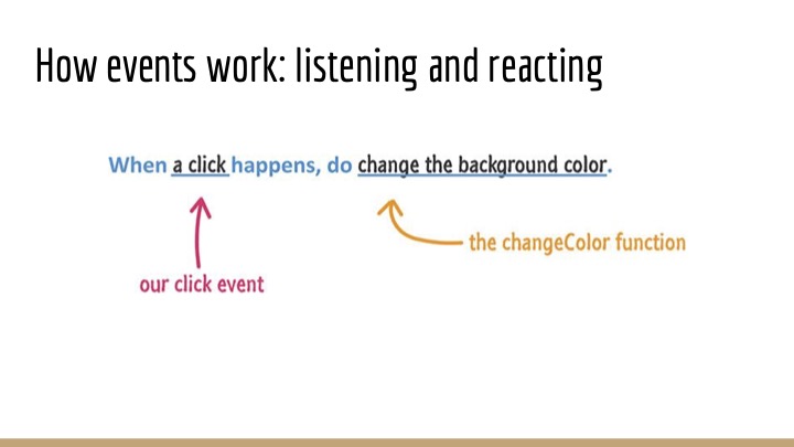 an example: When a click happens, change the background color.