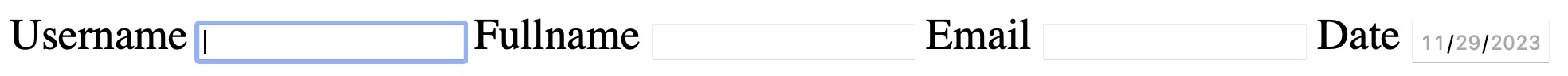 screenshot of a simple input form, with labeled fields for entering a username, a given name, and email address, and a date