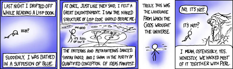 a three-panel XKCD comic on Lisp and Perl