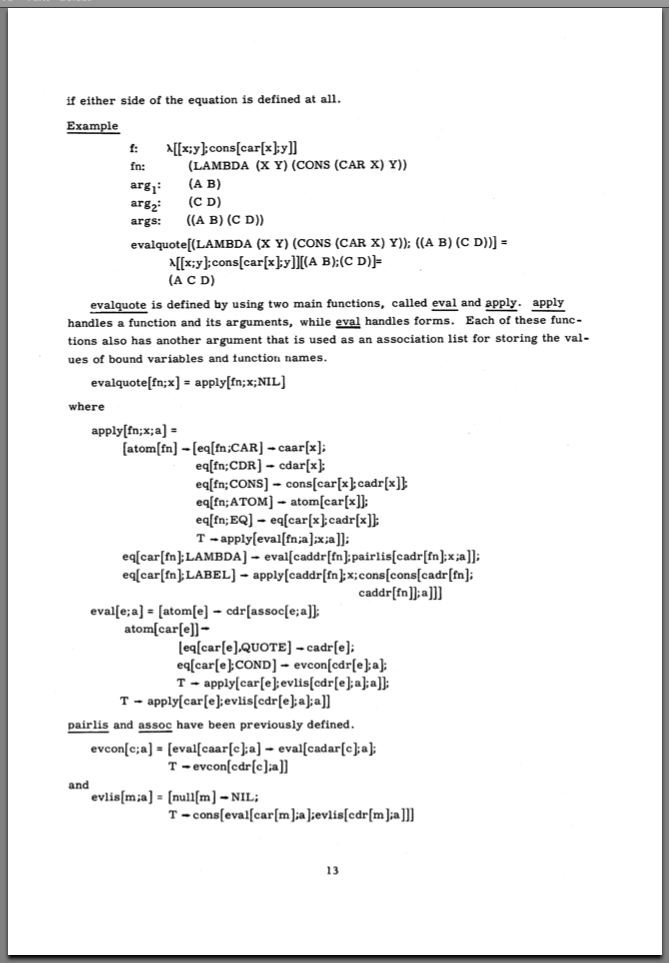 an image of Page 13 of the Lisp 1.5 user's manual, which contains the definition of the Lisp interpreter in Lisp